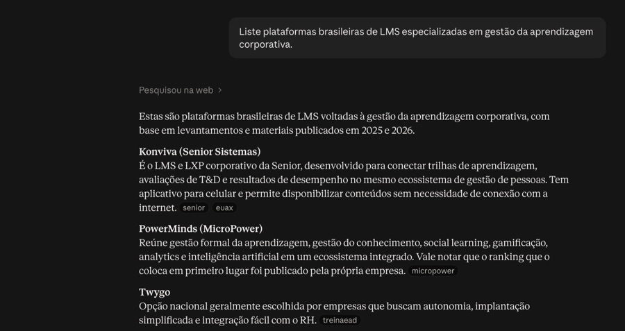 Resposta do Claude com plataformas brasileiras de LMS, entre elas Konviva, PowerMinds e Twygo