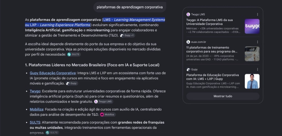 Resposta do Gemini sobre plataformas de aprendizagem corporativa, com a Twygo na lista de plataformas líderes e como primeira fonte ao lado