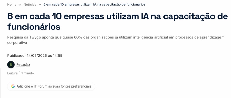 Matéria do IT Forum: 6 em cada 10 empresas utilizam IA na capacitação de funcionários