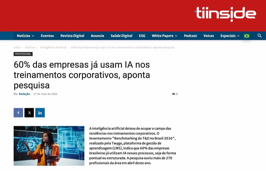 Matéria do TI Inside: 60% das empresas já usam IA nos treinamentos corporativos, aponta pesquisa