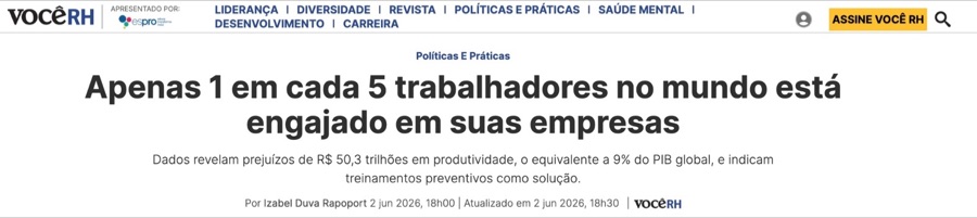 Matéria da Você RH: Apenas 1 em cada 5 trabalhadores no mundo está engajado em suas empresas