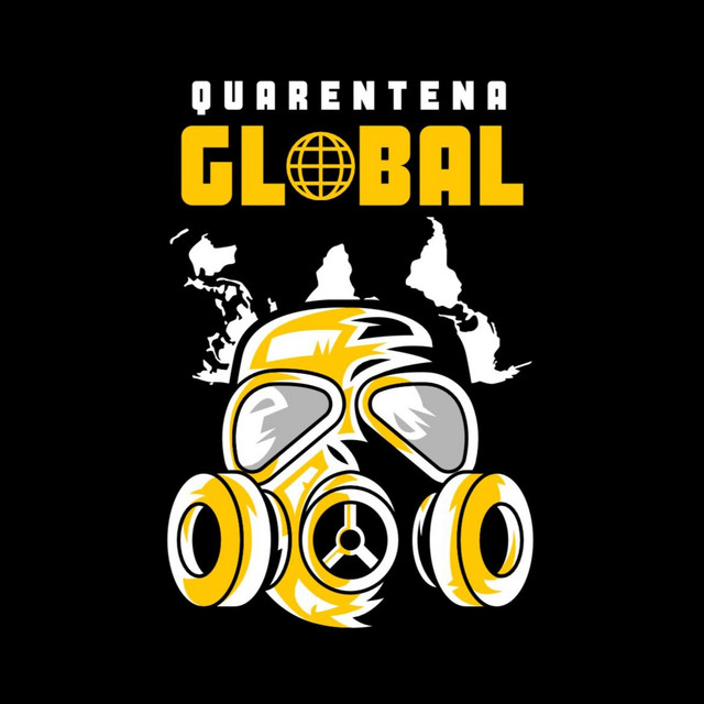 Capa do podcast Quarentena Global, com uma máscara de gás amarela sobre um mapa-múndi