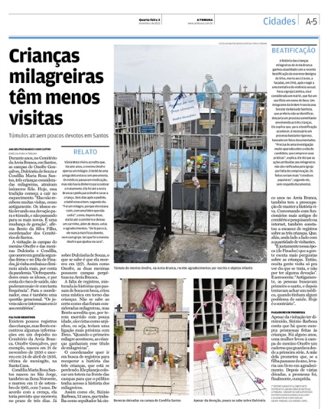 Página impressa do A Tribuna com a reportagem Crianças milagreiras têm menos visitas